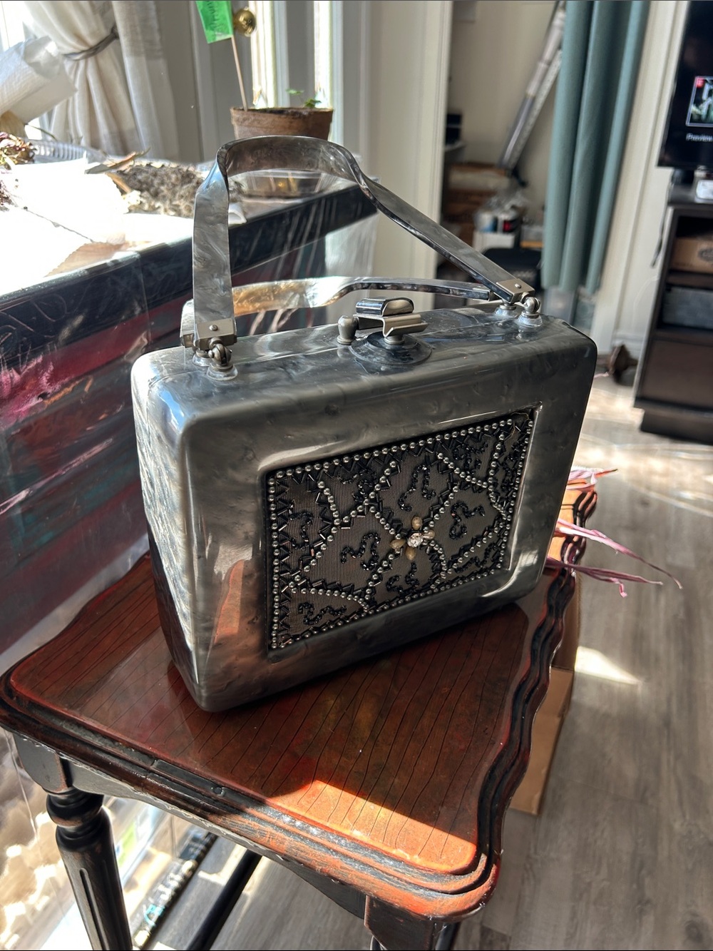 Vtg Lucite Silver Box Handbag with Beaded Panel